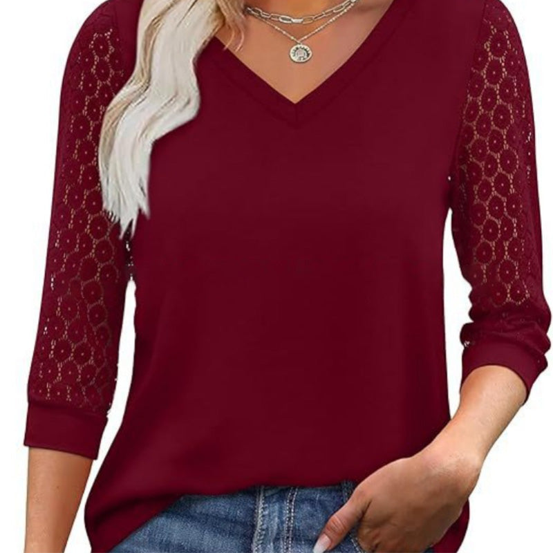 📢📢50%Rabatt!!!🎉✨Lässiges Damen-Top mit V-Ausschnitt & 3/4-Ärmeln aus Spitze