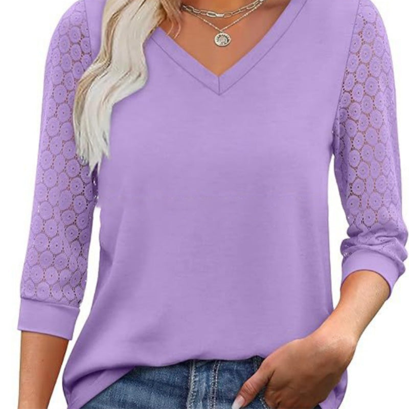 📢📢50%Rabatt!!!🎉✨Lässiges Damen-Top mit V-Ausschnitt & 3/4-Ärmeln aus Spitze
