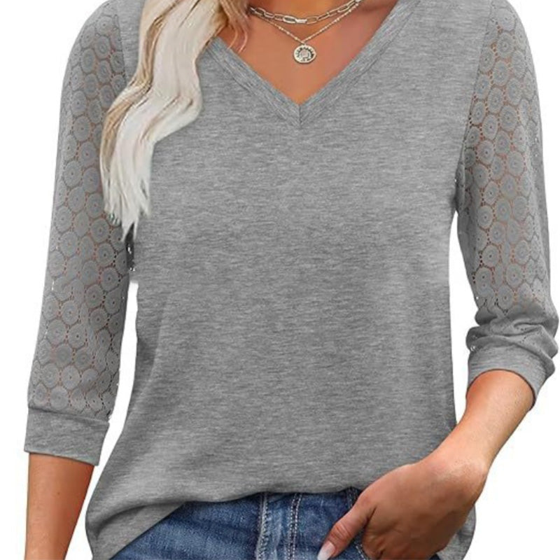 📢📢50%Rabatt!!!🎉✨Lässiges Damen-Top mit V-Ausschnitt & 3/4-Ärmeln aus Spitze