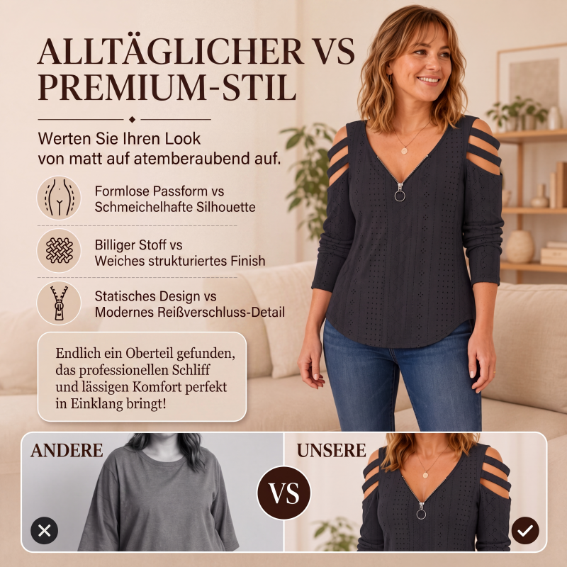 📢📢50%Rabatt!!!🎉🎯 Einfach halber Preis – keine Spiele! Damen Cold-Shoulder T-Shirt mit Reißverschluss