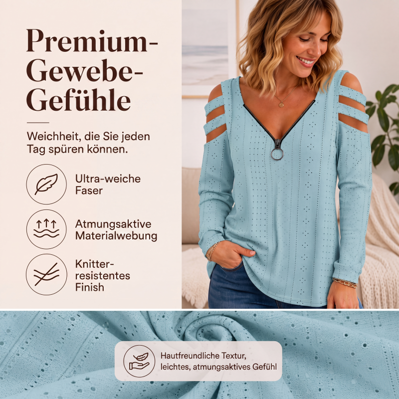 📢📢50%Rabatt!!!🎉🎯 Einfach halber Preis – keine Spiele! Damen Cold-Shoulder T-Shirt mit Reißverschluss
