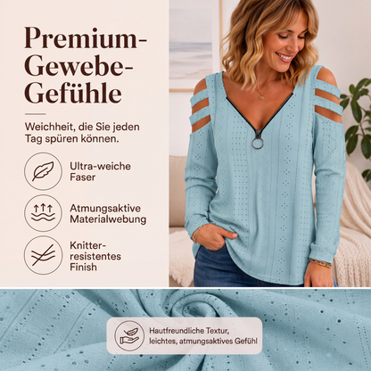 📢📢50%Rabatt!!!🎉🎯 Einfach halber Preis – keine Spiele! Damen Cold-Shoulder T-Shirt mit Reißverschluss