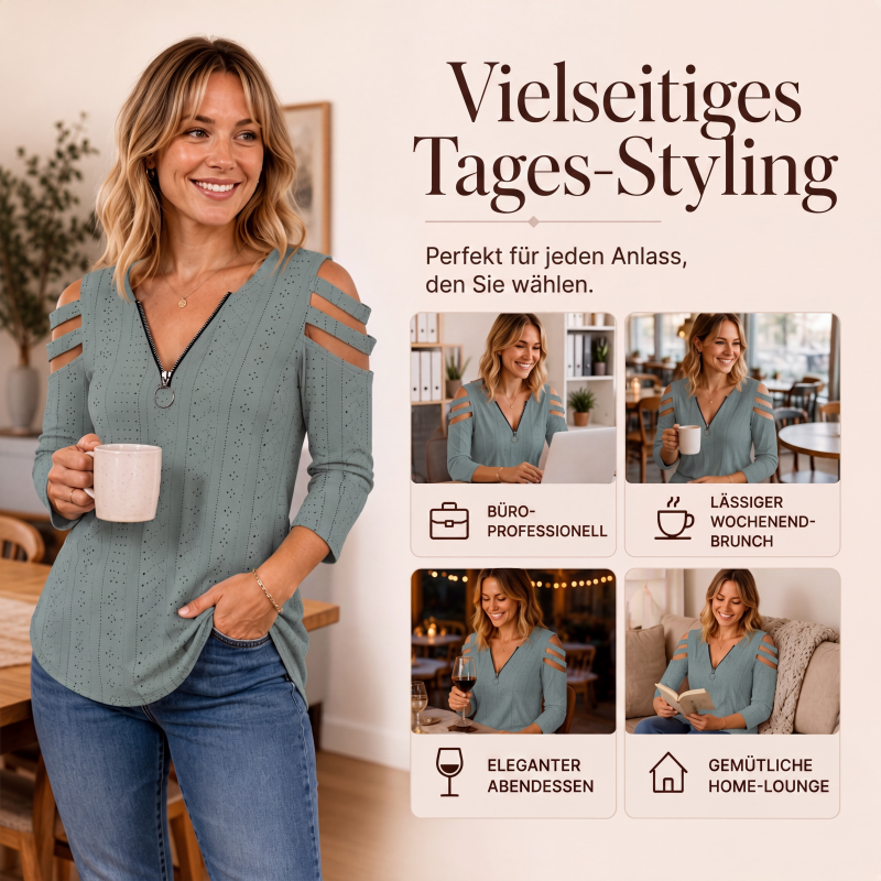 📢📢50%Rabatt!!!🎉🎯 Einfach halber Preis – keine Spiele! Damen Cold-Shoulder T-Shirt mit Reißverschluss