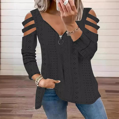 📢📢50%Rabatt!!!🎉🎯 Einfach halber Preis – keine Spiele! Damen Cold-Shoulder T-Shirt mit Reißverschluss