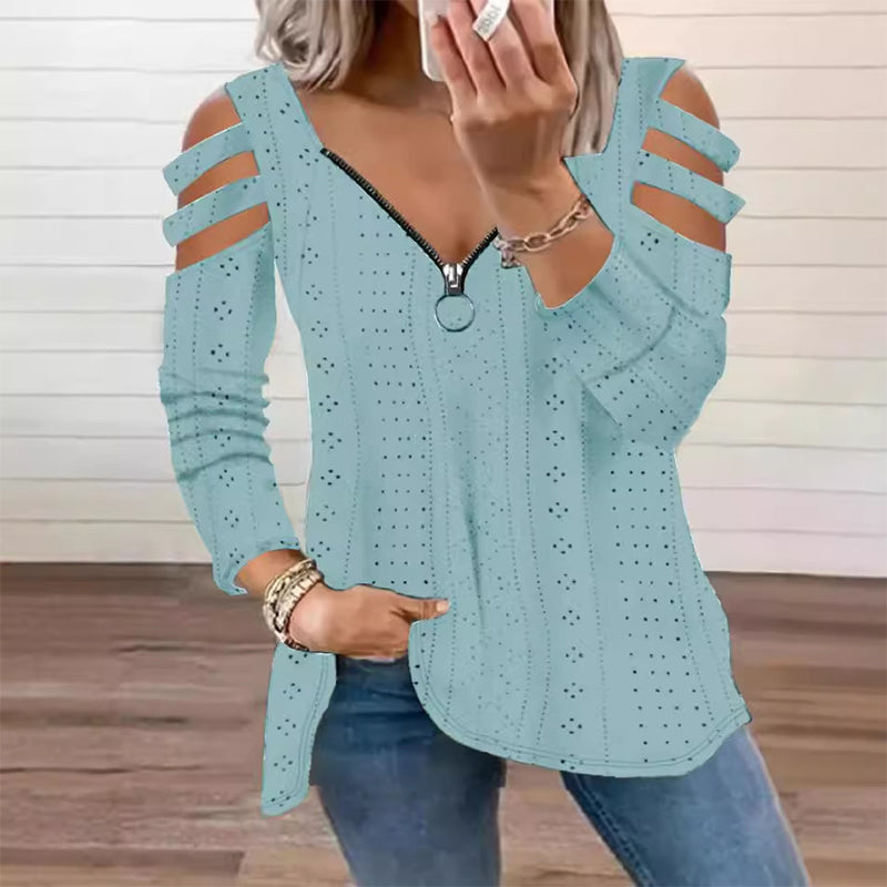 📢📢50%Rabatt!!!🎉🎯 Einfach halber Preis – keine Spiele! Damen Cold-Shoulder T-Shirt mit Reißverschluss