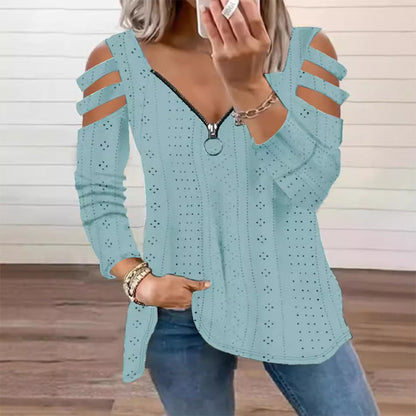 📢📢50%Rabatt!!!🎉🎯 Einfach halber Preis – keine Spiele! Damen Cold-Shoulder T-Shirt mit Reißverschluss