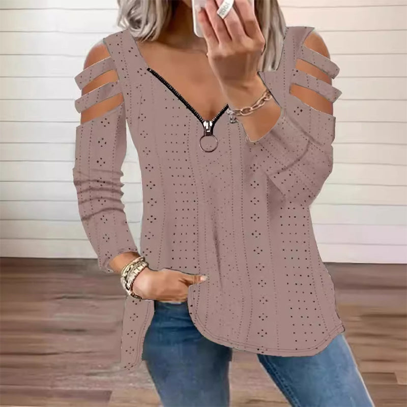 📢📢50%Rabatt!!!🎉🎯 Einfach halber Preis – keine Spiele! Damen Cold-Shoulder T-Shirt mit Reißverschluss