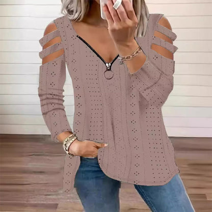 📢📢50%Rabatt!!!🎉🎯 Einfach halber Preis – keine Spiele! Damen Cold-Shoulder T-Shirt mit Reißverschluss