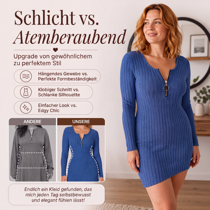 📢📢50%Rabatt!!!🎉✨Damen Rippstrickkleid mit Frontreißverschluss – Figurbetonter Schnitt, praktischer Zipper & vielseitig kombinierbar – Perfekt für Alltag, Büro & besondere Anlässe