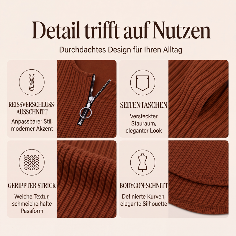 📢📢50%Rabatt!!!🎉✨Damen Rippstrickkleid mit Frontreißverschluss – Figurbetonter Schnitt, praktischer Zipper & vielseitig kombinierbar – Perfekt für Alltag, Büro & besondere Anlässe