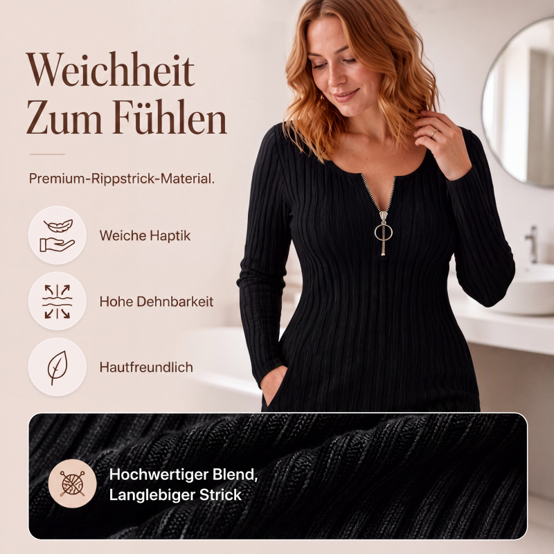 📢📢50%Rabatt!!!🎉✨Damen Rippstrickkleid mit Frontreißverschluss – Figurbetonter Schnitt, praktischer Zipper & vielseitig kombinierbar – Perfekt für Alltag, Büro & besondere Anlässe
