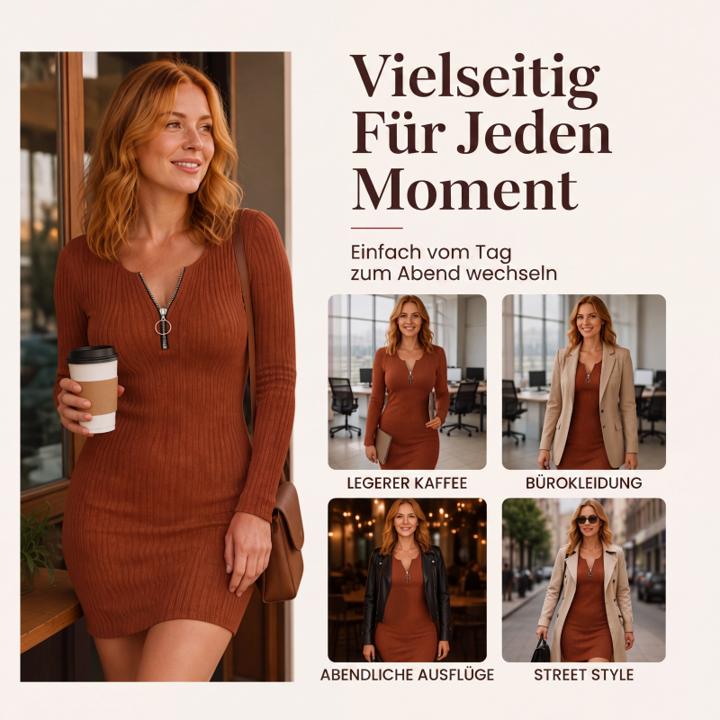 📢📢50%Rabatt!!!🎉✨Damen Rippstrickkleid mit Frontreißverschluss – Figurbetonter Schnitt, praktischer Zipper & vielseitig kombinierbar – Perfekt für Alltag, Büro & besondere Anlässe