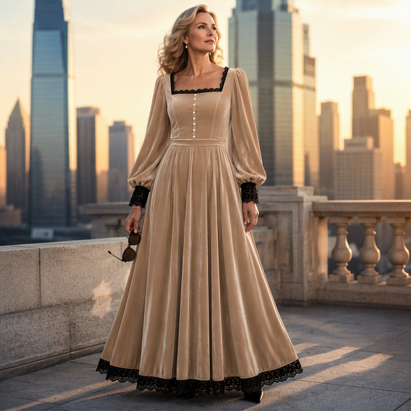 📢📢50%Rabatt!!!🎉✨Damen Vintage Samtkleid mit quadratischem Ausschnitt