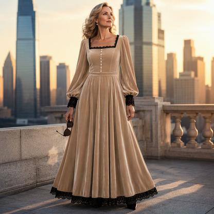 📢📢50%Rabatt!!!🎉✨Damen Vintage Samtkleid mit quadratischem Ausschnitt