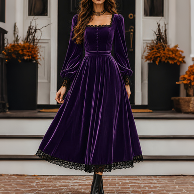 📢📢50%Rabatt!!!🎉✨Damen Vintage Samtkleid mit quadratischem Ausschnitt