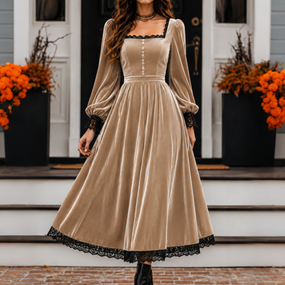 📢📢50%Rabatt!!!🎉✨Damen Vintage Samtkleid mit quadratischem Ausschnitt