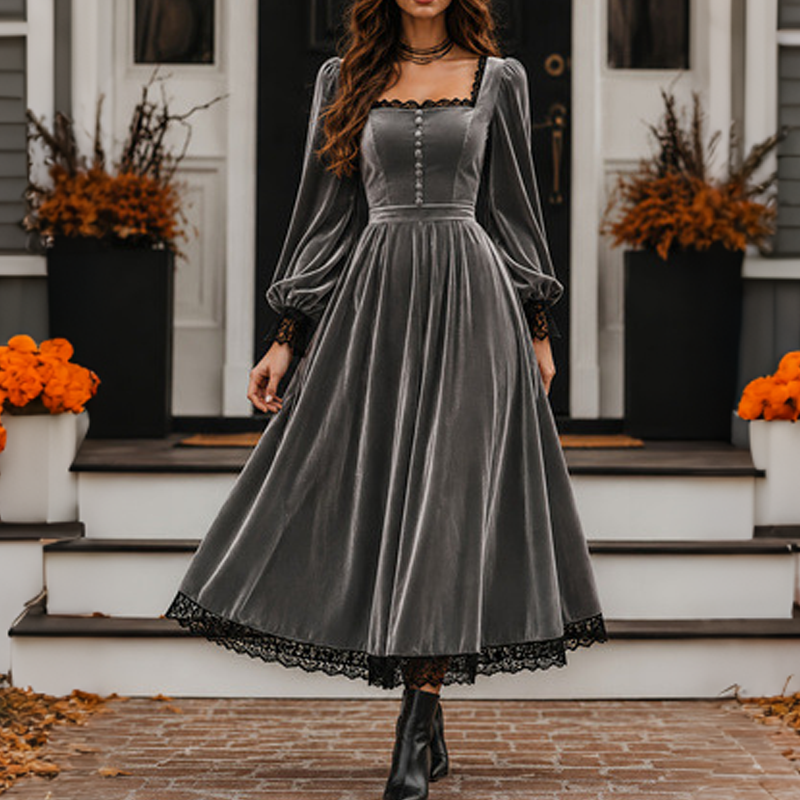 📢📢50%Rabatt!!!🎉✨Damen Vintage Samtkleid mit quadratischem Ausschnitt