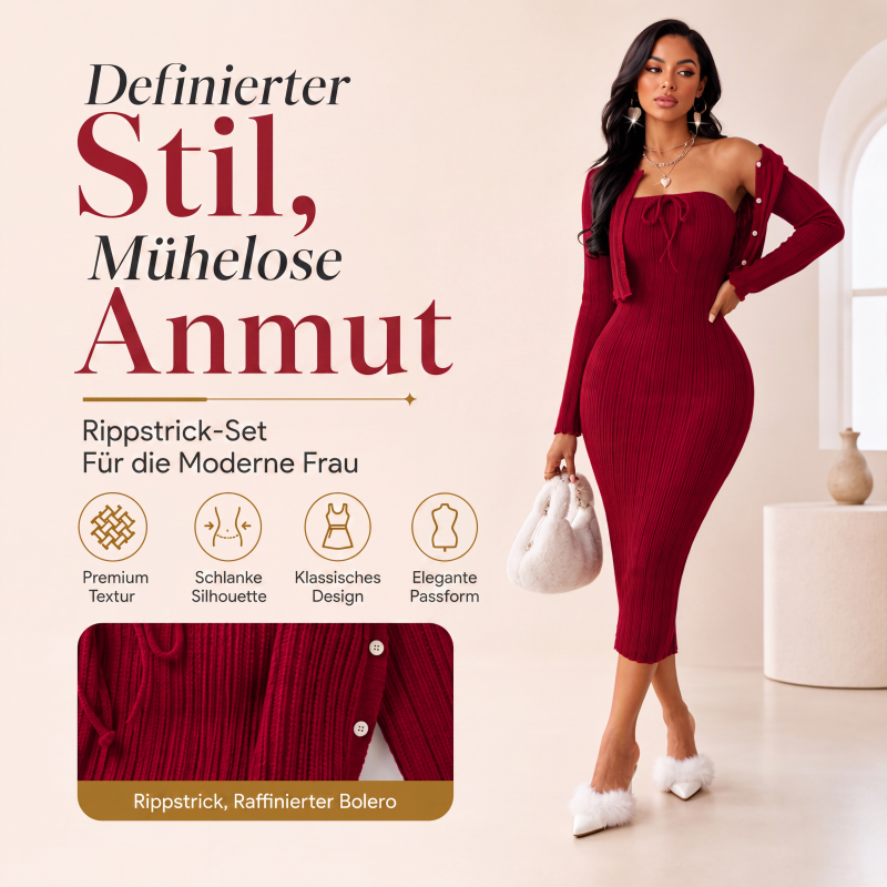 📢📢50%Rabatt!!!🎉✨Geripptes Damen-Bodycon-Kleid mit kurz geschnittener Strickjacke – Figurbetonter Look, weicher Rippstrick & perfekt aufeinander abgestimmt – Ideal für Partys, Dates & besondere Anlässe