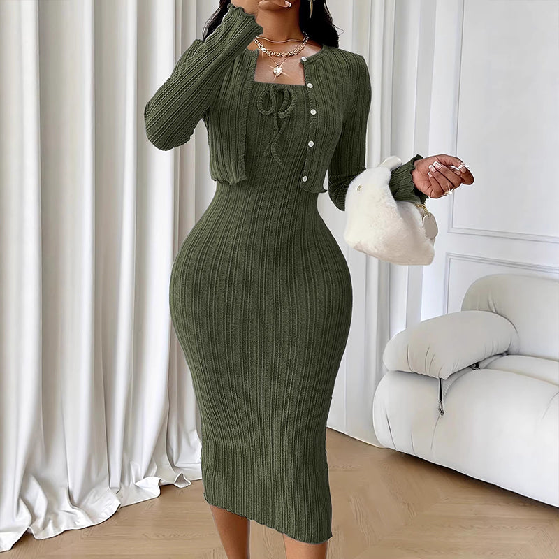 📢📢50%Rabatt!!!🎉✨Geripptes Damen-Bodycon-Kleid mit kurz geschnittener Strickjacke – Figurbetonter Look, weicher Rippstrick & perfekt aufeinander abgestimmt – Ideal für Partys, Dates & besondere Anlässe