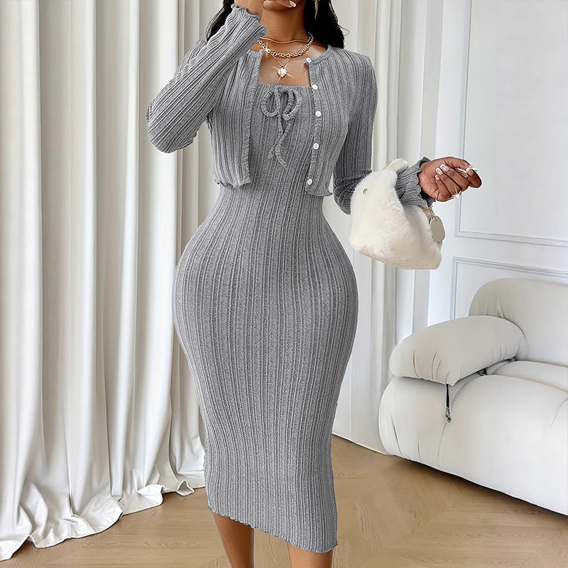 📢📢50%Rabatt!!!🎉✨Geripptes Damen-Bodycon-Kleid mit kurz geschnittener Strickjacke – Figurbetonter Look, weicher Rippstrick & perfekt aufeinander abgestimmt – Ideal für Partys, Dates & besondere Anlässe