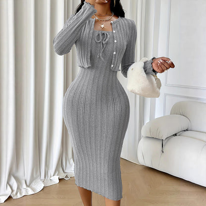 📢📢50%Rabatt!!!🎉✨Geripptes Damen-Bodycon-Kleid mit kurz geschnittener Strickjacke – Figurbetonter Look, weicher Rippstrick & perfekt aufeinander abgestimmt – Ideal für Partys, Dates & besondere Anlässe