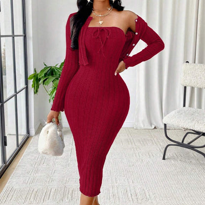 📢📢50%Rabatt!!!🎉✨Geripptes Damen-Bodycon-Kleid mit kurz geschnittener Strickjacke – Figurbetonter Look, weicher Rippstrick & perfekt aufeinander abgestimmt – Ideal für Partys, Dates & besondere Anlässe
