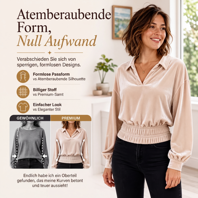 📢📢50%Rabatt!!!🎉✨Samt-Oberteil mit V-Ausschnitt, langem Ärmel & Kragen für Damen