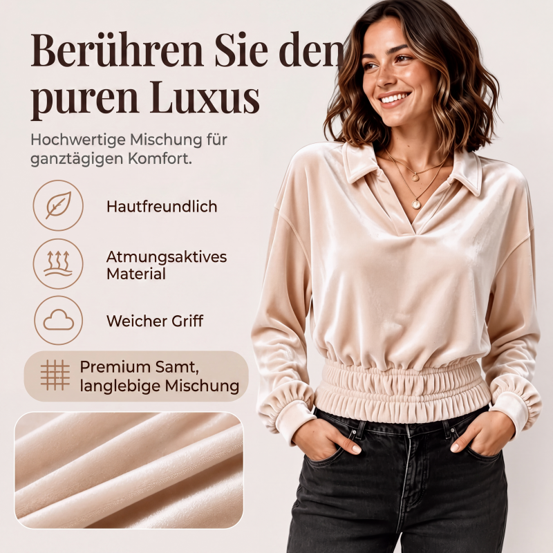 📢📢50%Rabatt!!!🎉✨Samt-Oberteil mit V-Ausschnitt, langem Ärmel & Kragen für Damen