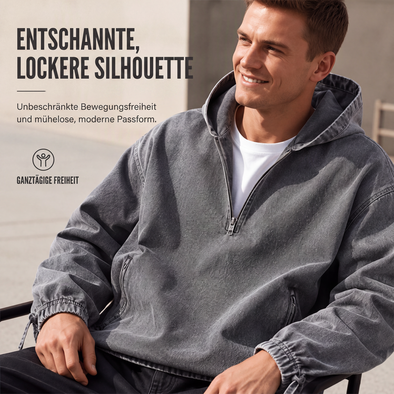 📢📢50%Rabatt!!!🎉✨Herren Vintage-gewaschenes Kapuzenoberteil mit Halbreißverschluss