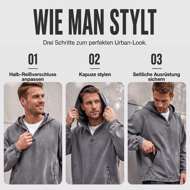 📢📢50%Rabatt!!!🎉✨Herren Vintage-gewaschenes Kapuzenoberteil mit Halbreißverschluss