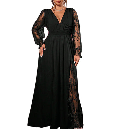 📢📢50%Rabatt!!!🎉✨Elegantes Damen-Maxikleid mit V-Ausschnitt und Spitzenapplikationen