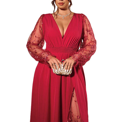 📢📢50%Rabatt!!!🎉✨Elegantes Damen-Maxikleid mit V-Ausschnitt und Spitzenapplikationen