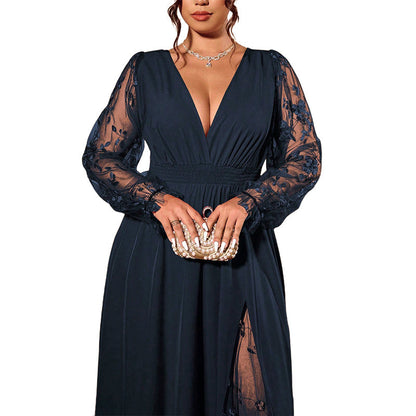 📢📢50%Rabatt!!!🎉✨Elegantes Damen-Maxikleid mit V-Ausschnitt und Spitzenapplikationen