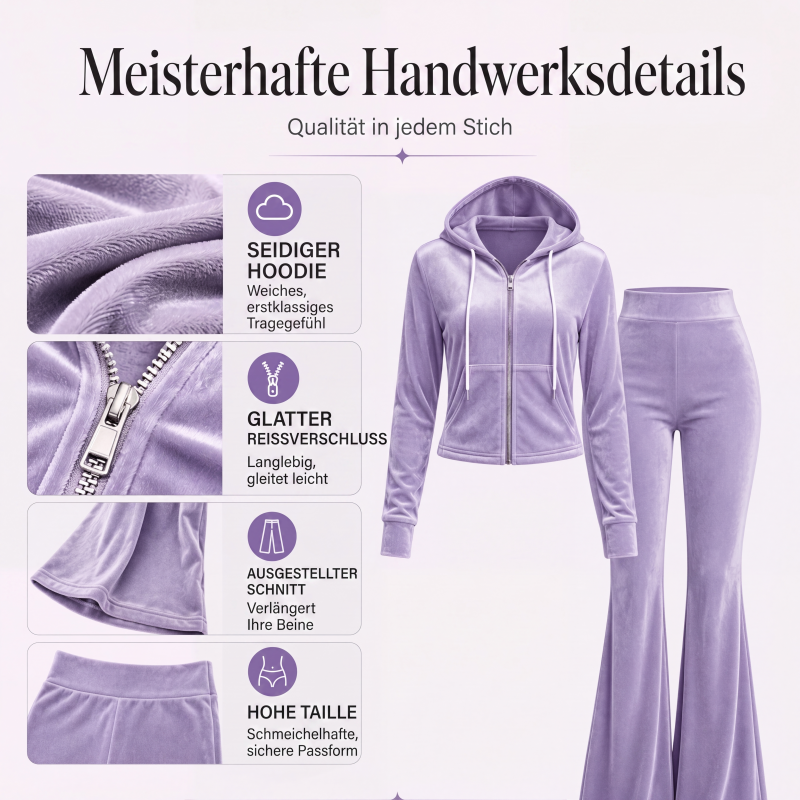 📢📢50%Rabatt!!!🎉✨Damen-Samt-Set mit Reißverschluss-Kapuzenpullover und Schlaghose