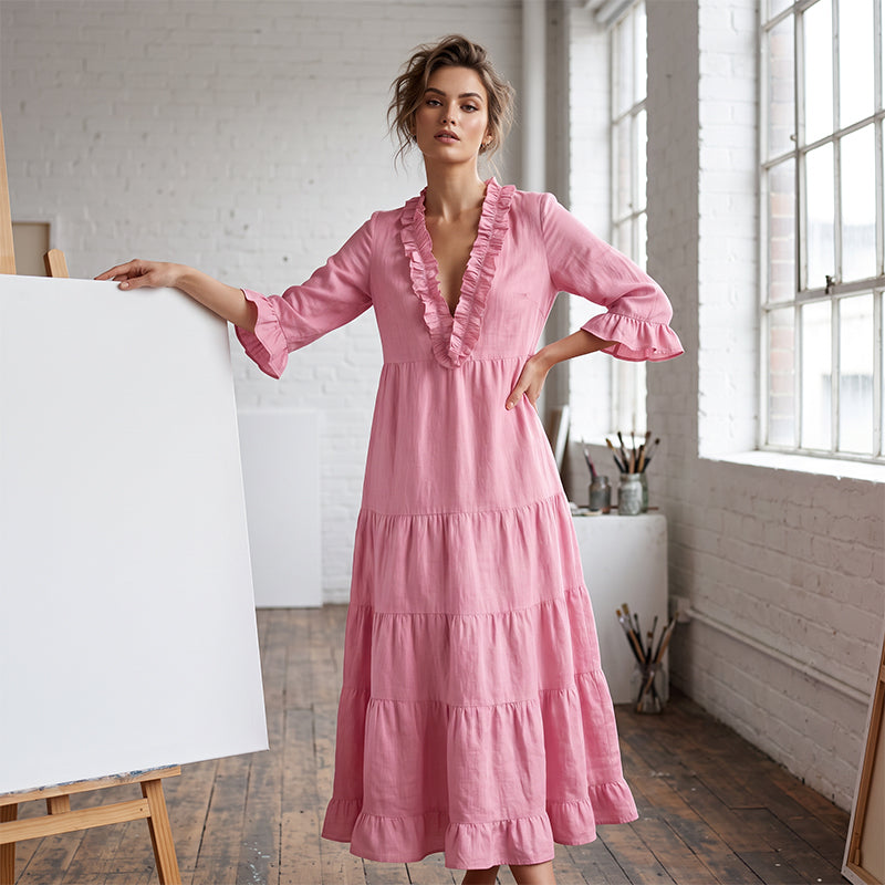 📢📢50%Rabatt!!!🎉✨Damen Maxikleid mit Volants, V-Ausschnitt und Stufen