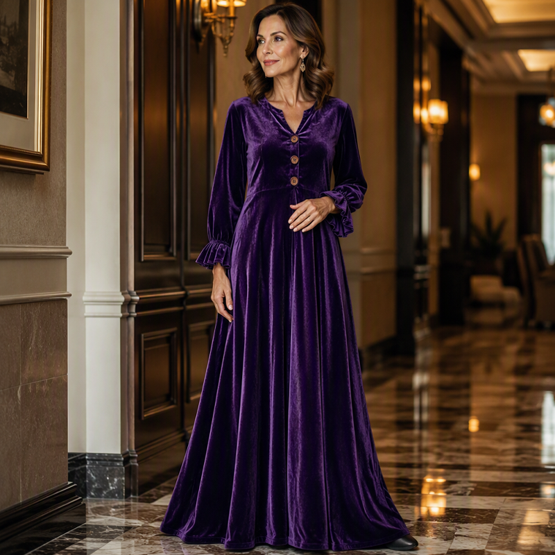 Elegantes Samt-Maxikleid für Damen mit Rüschenärmeln