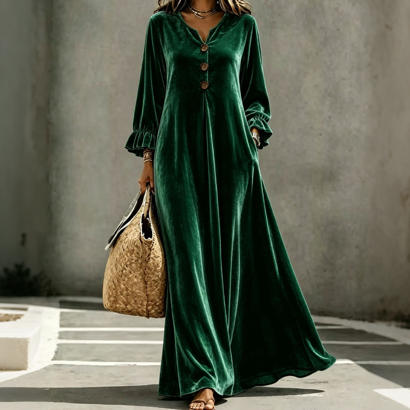 Elegantes Samt-Maxikleid für Damen mit Rüschenärmeln