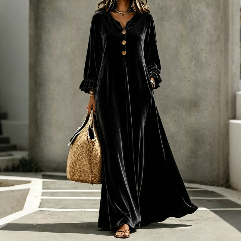 Elegantes Samt-Maxikleid für Damen mit Rüschenärmeln