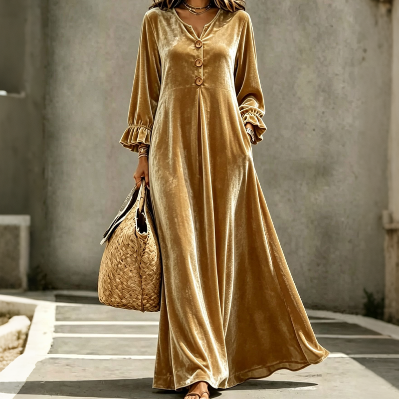 Elegantes Samt-Maxikleid für Damen mit Rüschenärmeln