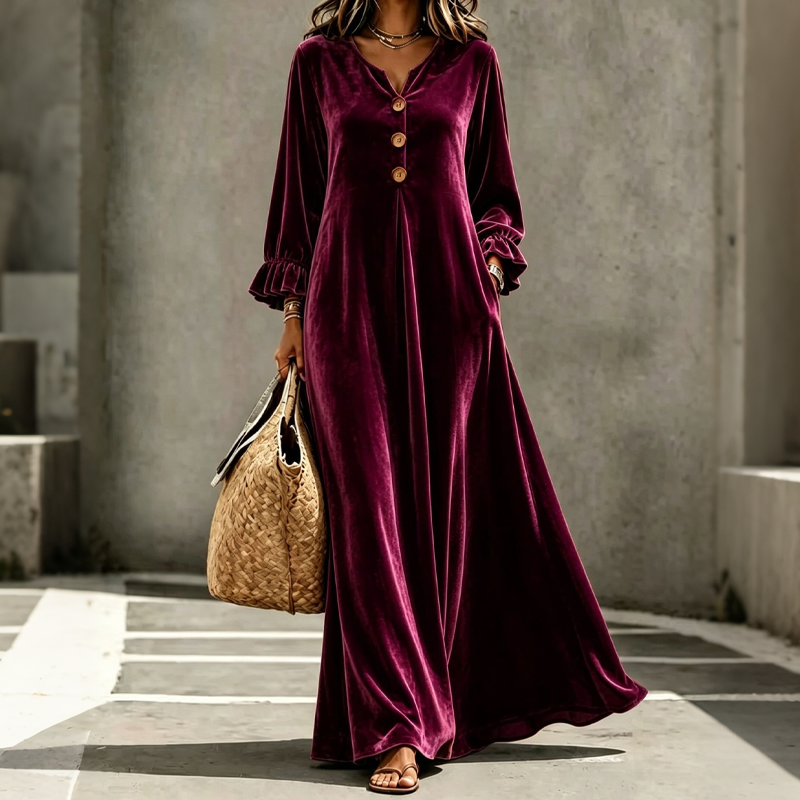 Elegantes Samt-Maxikleid für Damen mit Rüschenärmeln