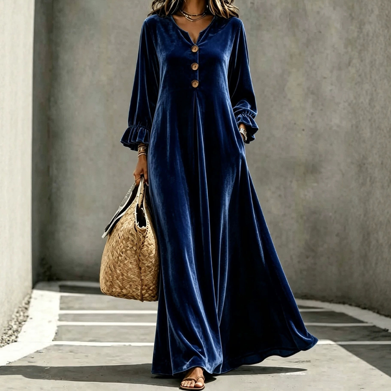 Elegantes Samt-Maxikleid für Damen mit Rüschenärmeln