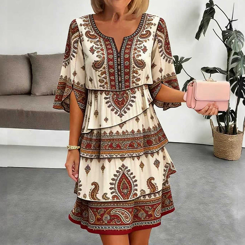 Damen Vintage-Ethno-Print Stufenkleid