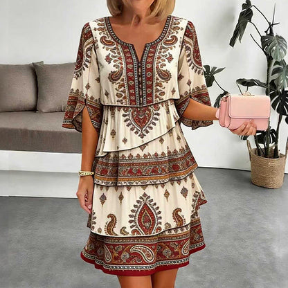 Damen Vintage-Ethno-Print Stufenkleid