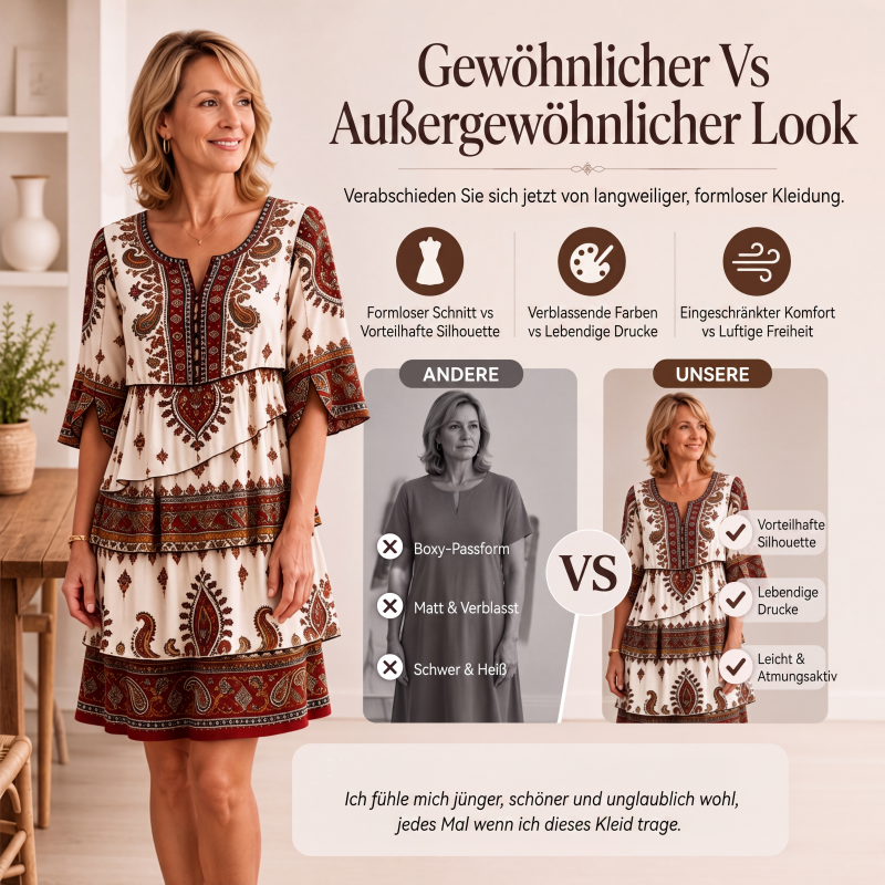 Damen Vintage-Ethno-Print Stufenkleid
