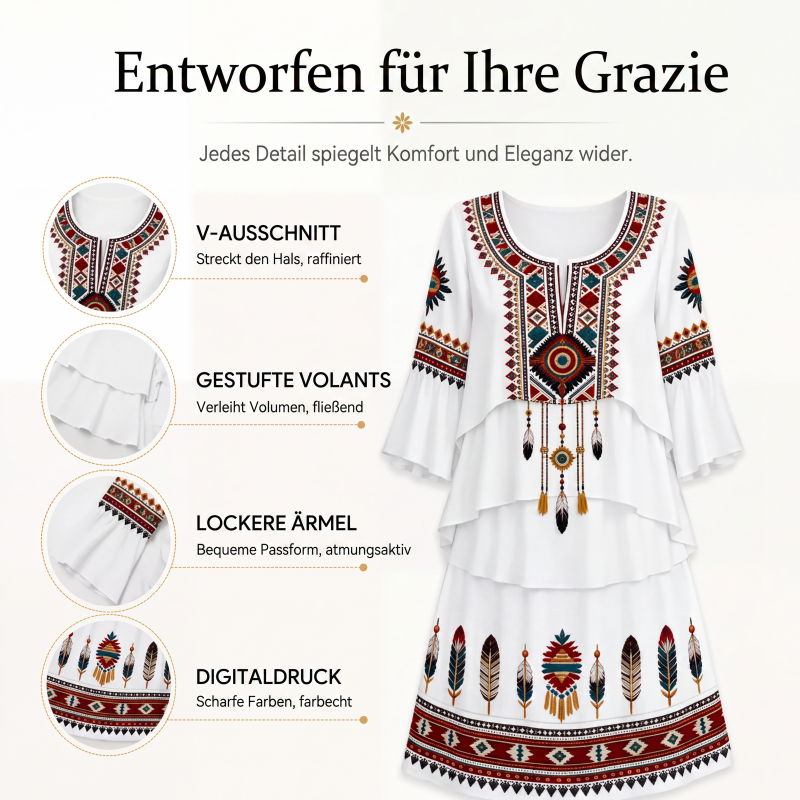 Damen Vintage-Ethno-Print Stufenkleid