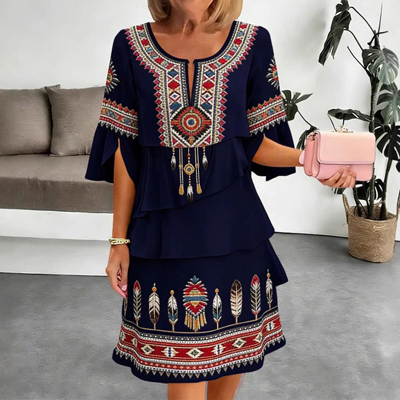 Damen Vintage-Ethno-Print Stufenkleid