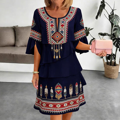 Damen Vintage-Ethno-Print Stufenkleid