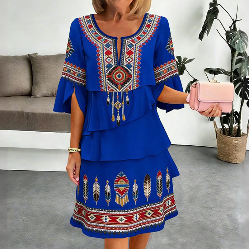 Damen Vintage-Ethno-Print Stufenkleid