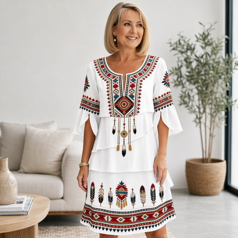 Damen Vintage-Ethno-Print Stufenkleid