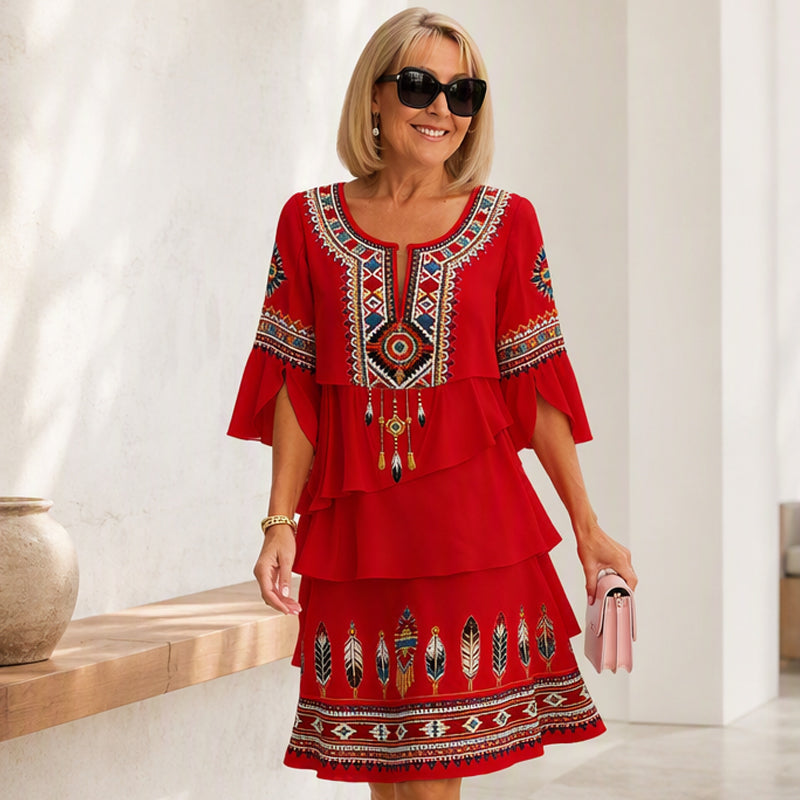 Damen Vintage-Ethno-Print Stufenkleid